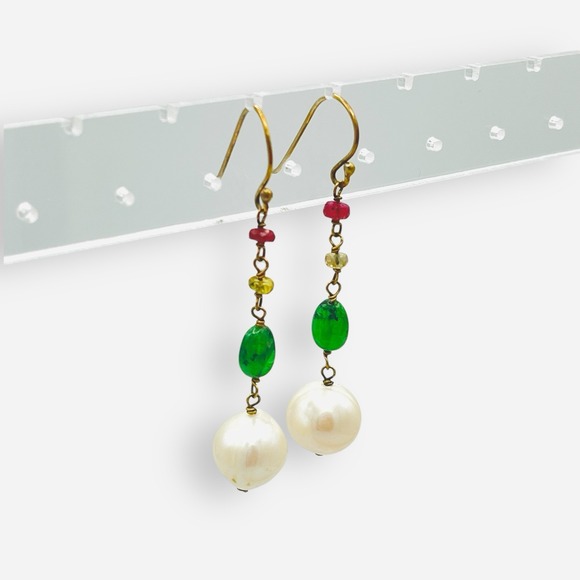 Sundance Catalog On A Cloud Gold Earrings Ruby Citrine Aventurine Pearl Dangle - Picture 6 of 8